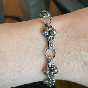 Vintage 1930-40's Mexican Sterling Silver Green Gemstone Bracelet; 7 inches